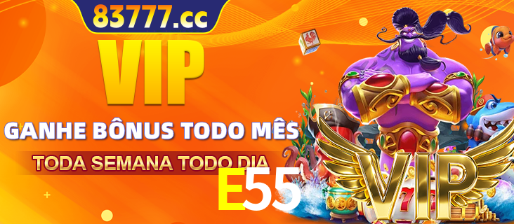 Banner promocional do E55 oferecendo 100% de recompensas adicionais contínuas para quem fizer o login diário (Daily sign-in), com um mascote de coelho.
