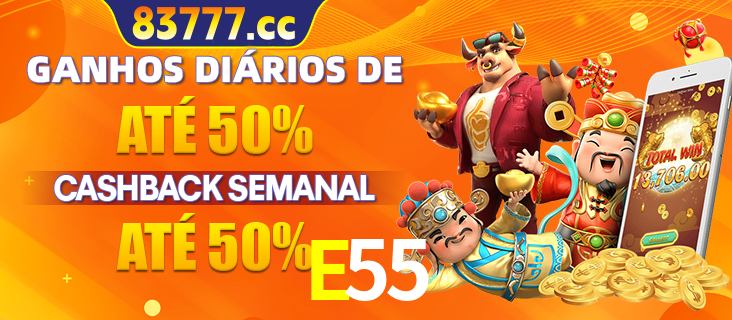 Anúncio de um membro ganhador do cassino E55 que ganhou R$2.193.486,00 jogando o slot PG Fortune Tiger, com os mascotes do jogo comemorando o prêmio.