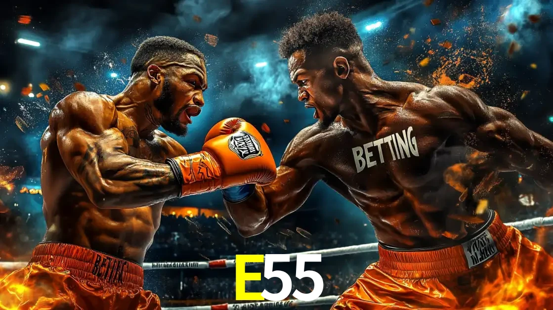 Dois boxeadores em uma luta intensa e explosiva, representando a adrenalina e as oportunidades de apostas em esportes de combate disponíveis na plataforma E55.