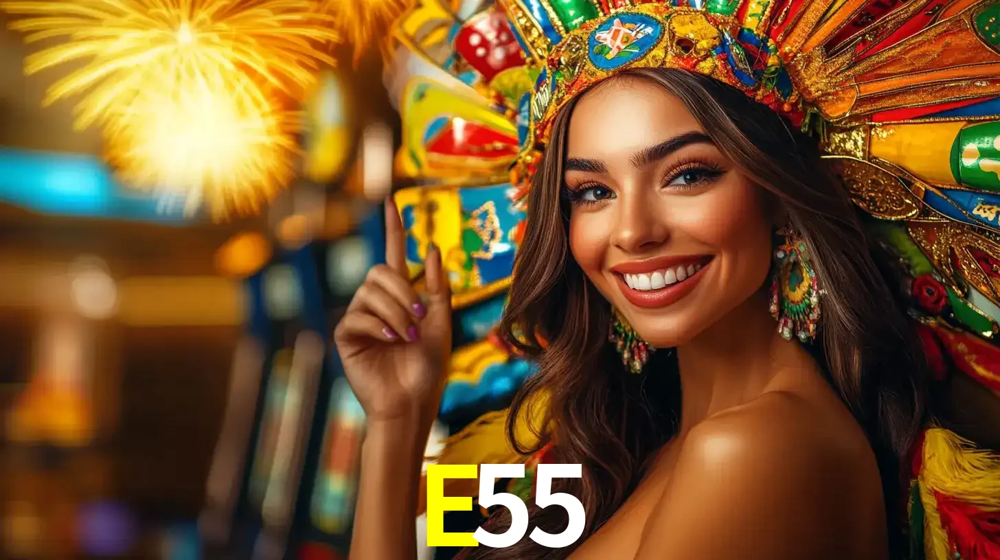 Mulher sorridente com um cocar de carnaval vibrante e colorido, celebrando uma grande vitória nos jogos do cassino E55 com fogos de artifício ao fundo.