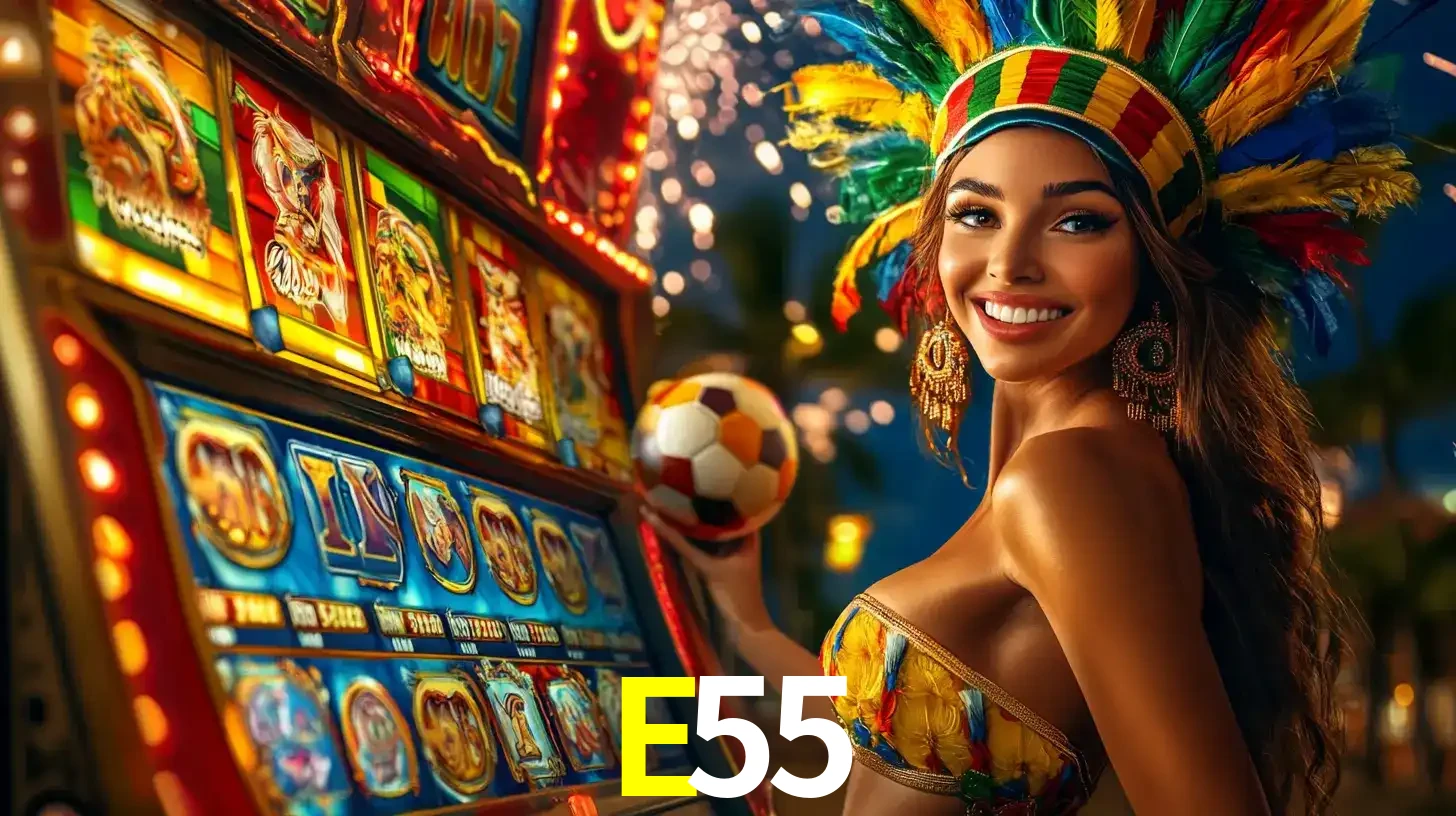 Mulher com um cocar de carnaval ao lado de uma máquina de caça-níqueis enquanto segura uma bola de futebol, mostrando a união da diversão de cassino e esportes no E55.