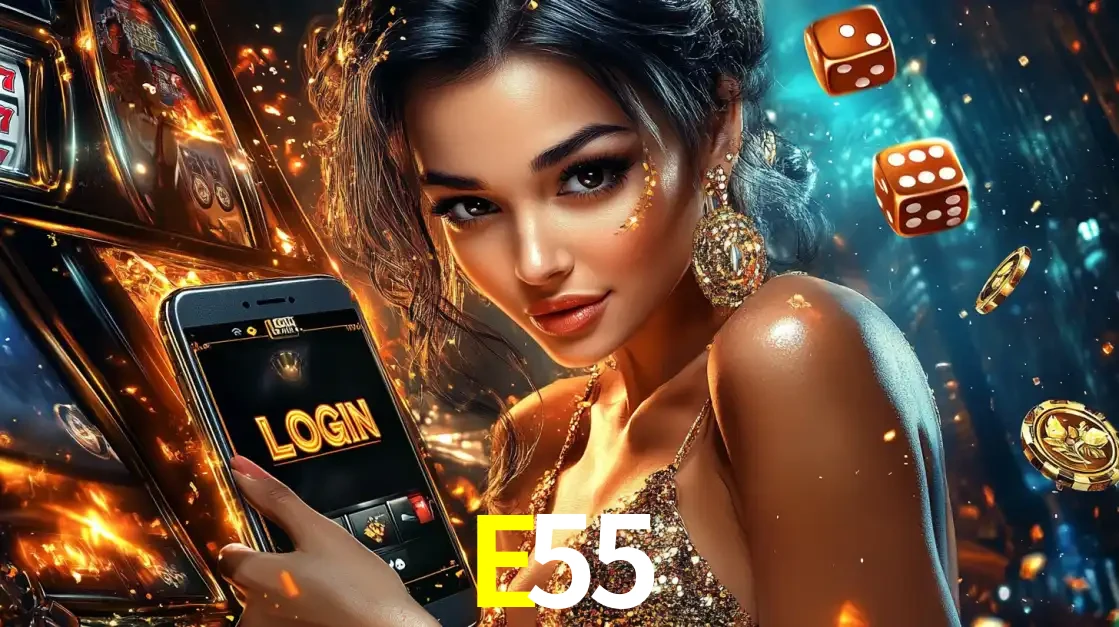 Mulher glamourosa segurando um celular com a tela de login do cassino E55, rodeada por dados e moedas douradas, pronta para começar a diversão.