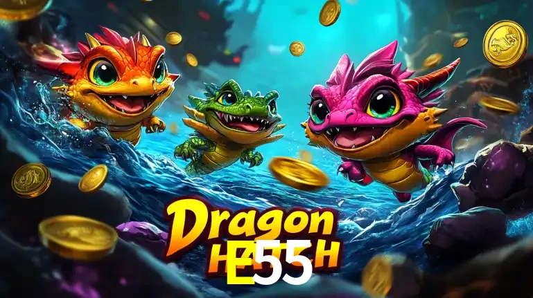 Arte promocional do jogo Dragon Hatch com três adoráveis dragões bebês nadando entre moedas de ouro, um dos slots mais divertidos para jogar no cassino E55.
