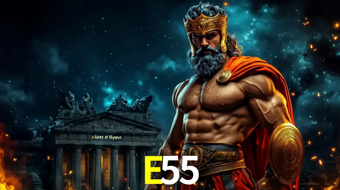 O poderoso Zeus do jogo de slot Gates of Olympus em frente ao seu templo, pronto para lançar multiplicadores divinos e prêmios épicos no cassino online E55.