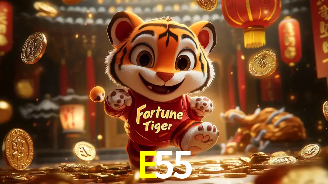 O alegre personagem do Fortune Tiger correndo sobre um caminho de moedas de ouro, simbolizando os grandes prêmios e a diversão do popular jogo de slot do E55.