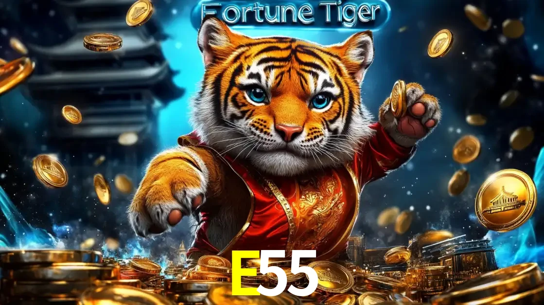Imagem promocional do jogo de slot Fortune Tiger, com um tigre majestoso em traje tradicional cercado por uma fortuna em moedas de ouro, disponível agora no cassino E55.