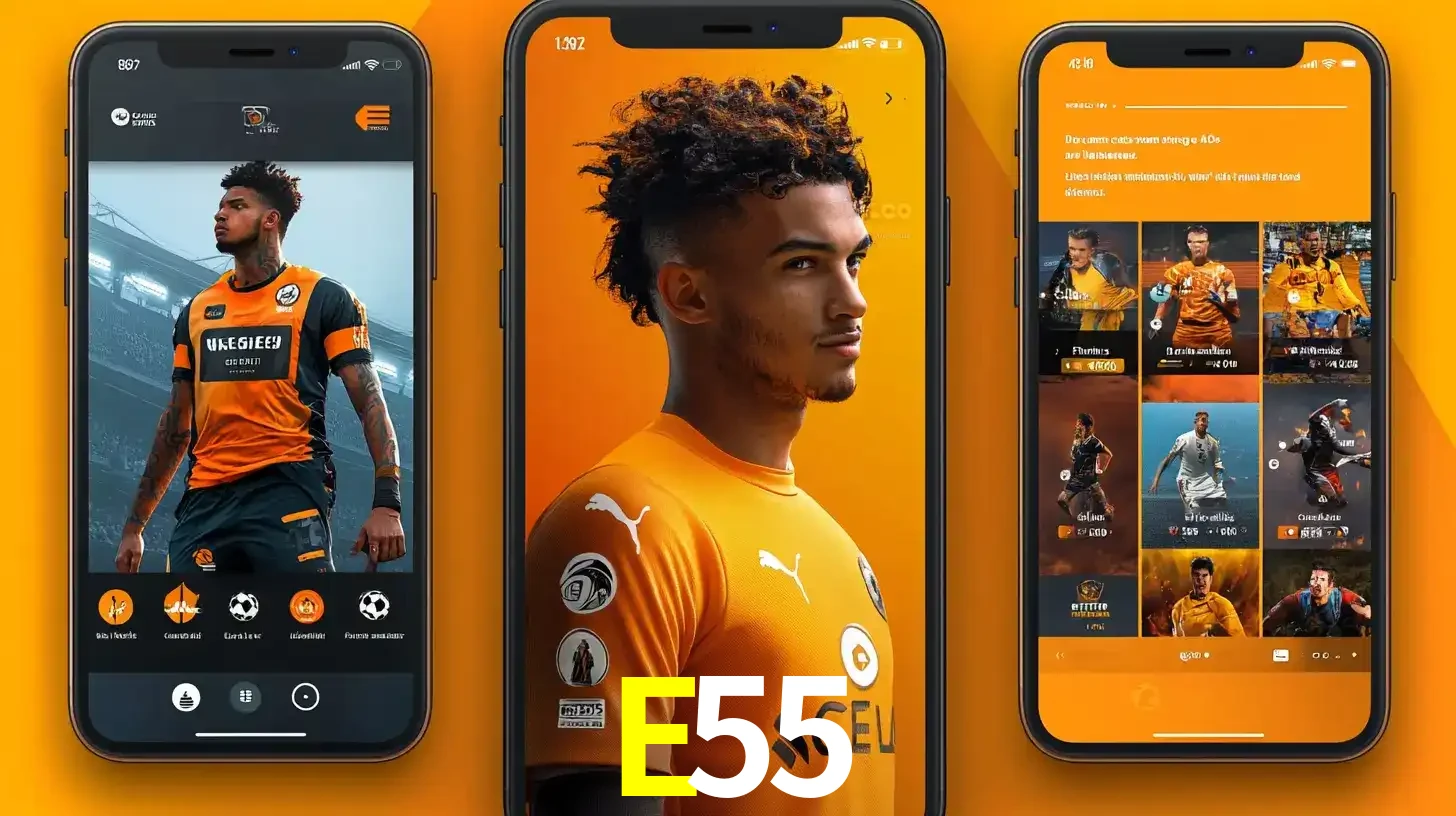 Interface do aplicativo de apostas esportivas E55 em três telas de celular, mostrando o perfil de um jogador de futebol e a lista de jogos disponíveis para apostar.