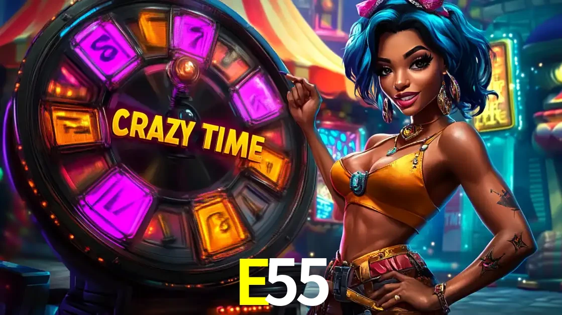 Mulher estilizada com cabelo azul e visual vibrante posando ao lado da roda de prêmios do game show Crazy Time, convidando para a diversão e os bônus do cassino E55.