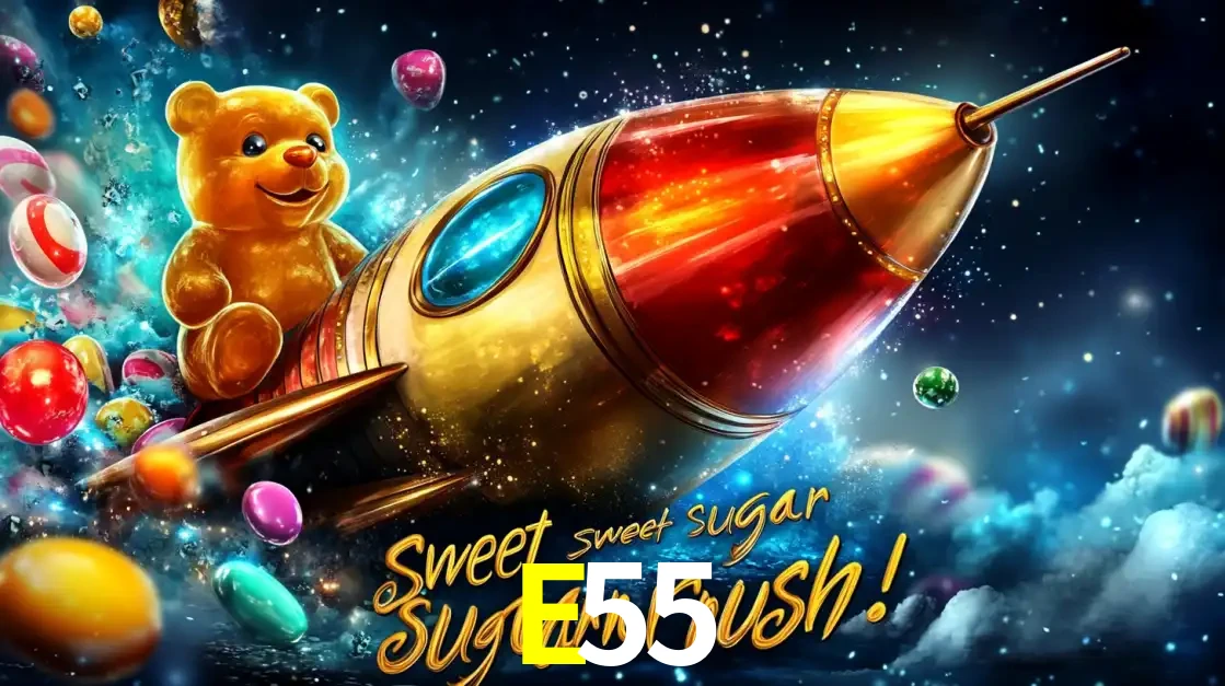 Arte promocional do jogo de slot Sugar Rush, com um urso de pelúcia em um foguete viajando pelo espaço de doces, um dos jogos divertidos disponíveis no cassino E55.