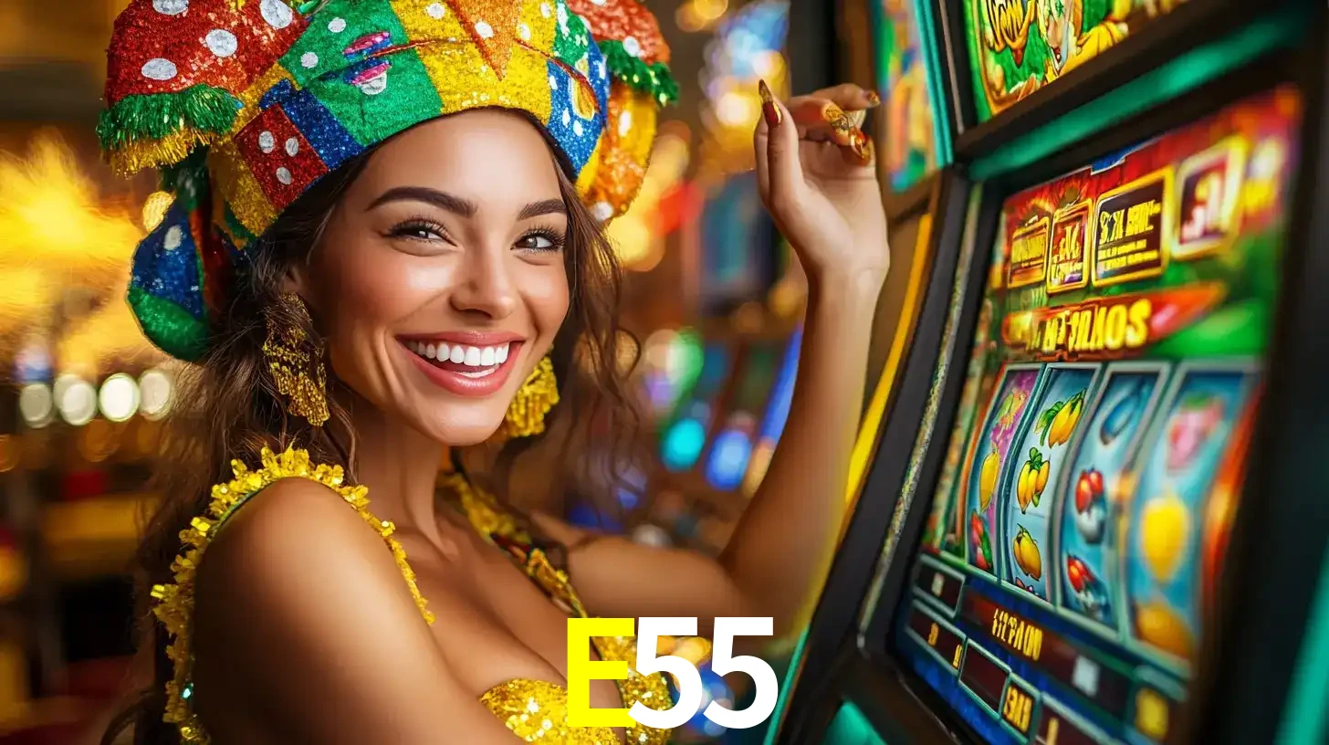 Mulher feliz com traje de carnaval amarelo e colorido ao lado de uma máquina de caça-níqueis, aproveitando a diversão e os jogos temáticos do cassino E55.