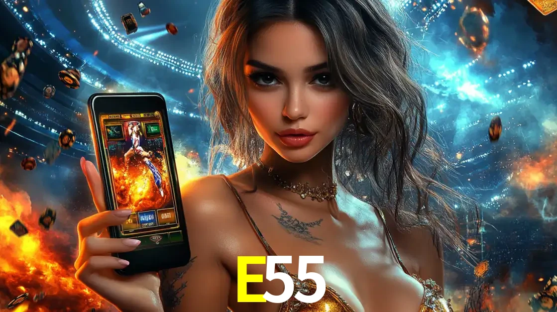 Mulher segurando um celular com um jogo de slot em destaque, tendo como fundo um estádio vibrante, simbolizando a emoção de jogar no cassino móvel E55.