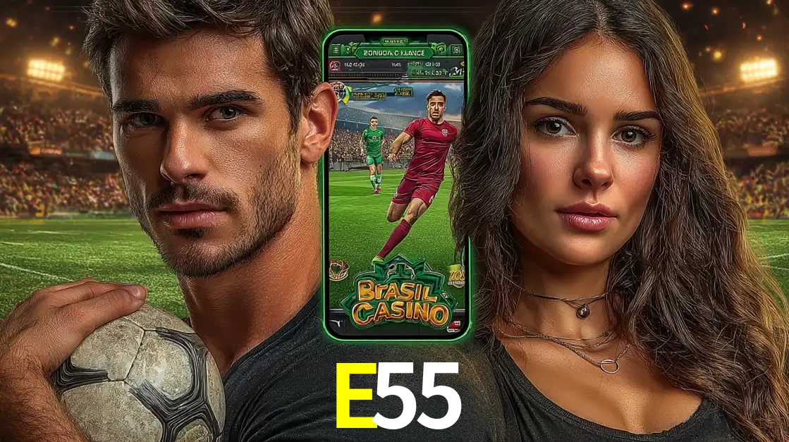 Homem segurando uma bola de futebol e uma mulher ao lado de um smartphone exibindo o jogo de apostas esportivas da E55. Faça seu palpite no cassino online.